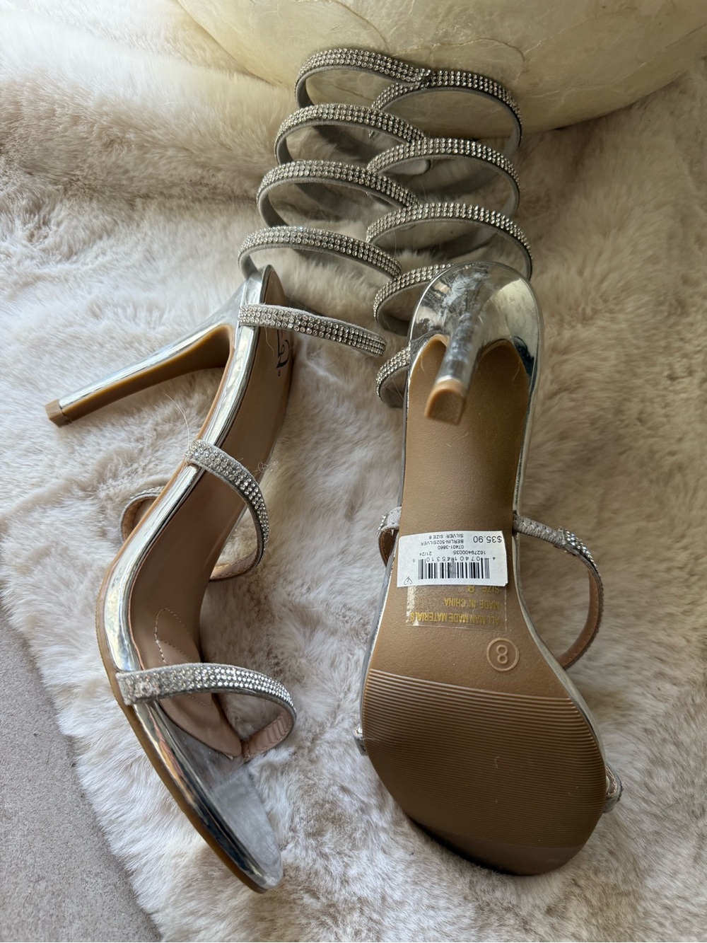 Silver Rhinestone Strappy High Heel Sandals - Women's